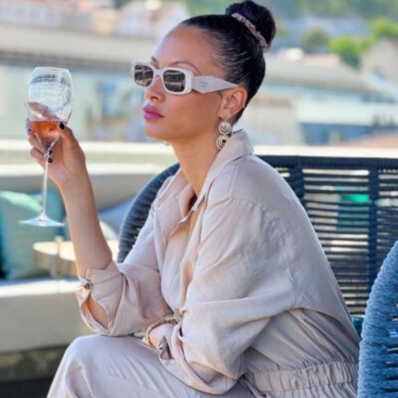 Prada PR17WS VYJ6X1 Sunglasses Powder Beige Brown Rectangle Unisex - Picture 12 of 12